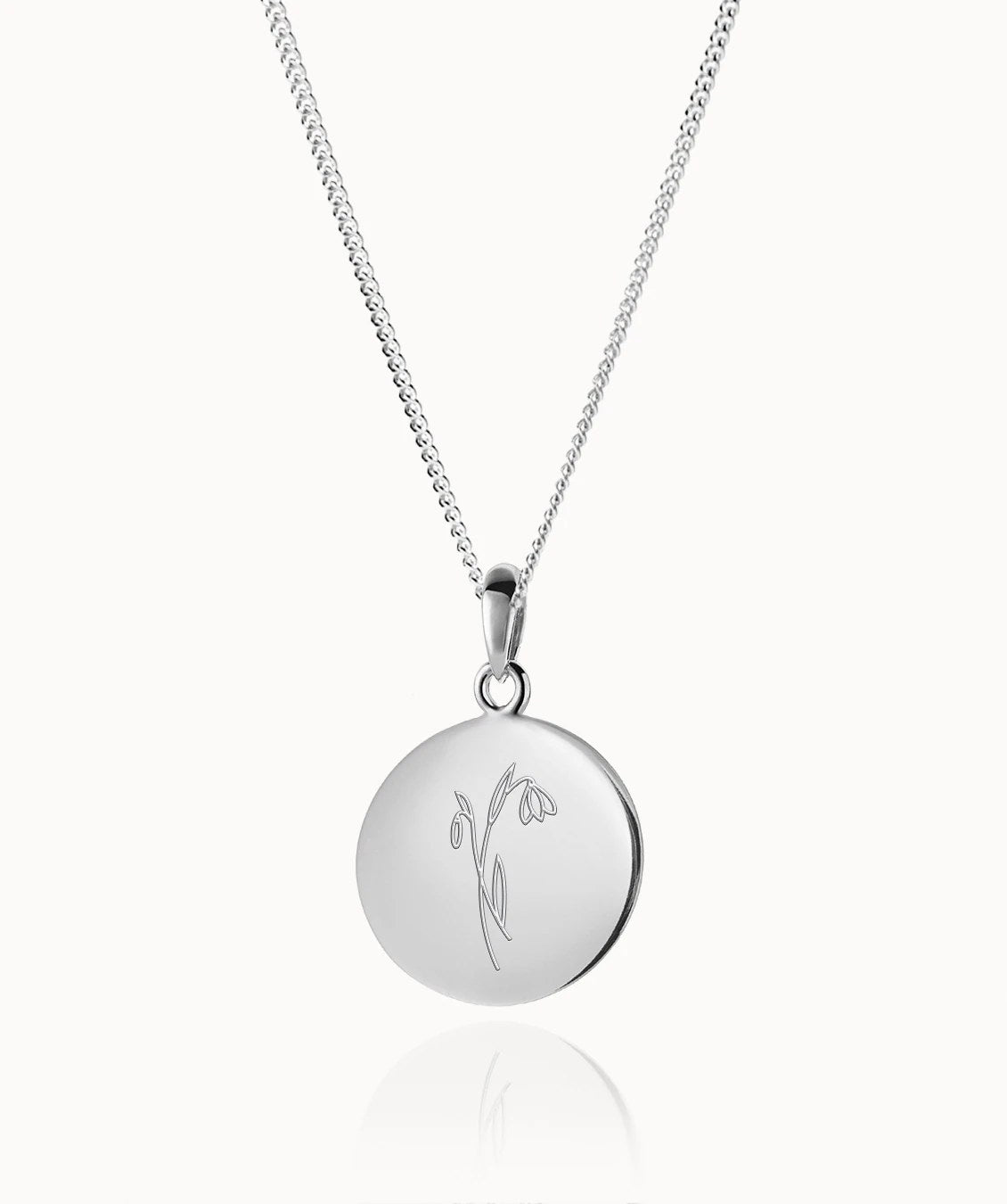 Geburtsblumen Namenskette aus Edelstahl in Silber mit rundem Coin-Anhänger und gravierter Geburtsblume