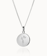 Geburtsblumen Namenskette aus Edelstahl in Silber mit rundem Coin-Anhänger und gravierter Geburtsblume