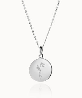 Geburtsblumen Namenskette aus Edelstahl in Silber mit rundem Coin-Anhänger und gravierter Geburtsblume
