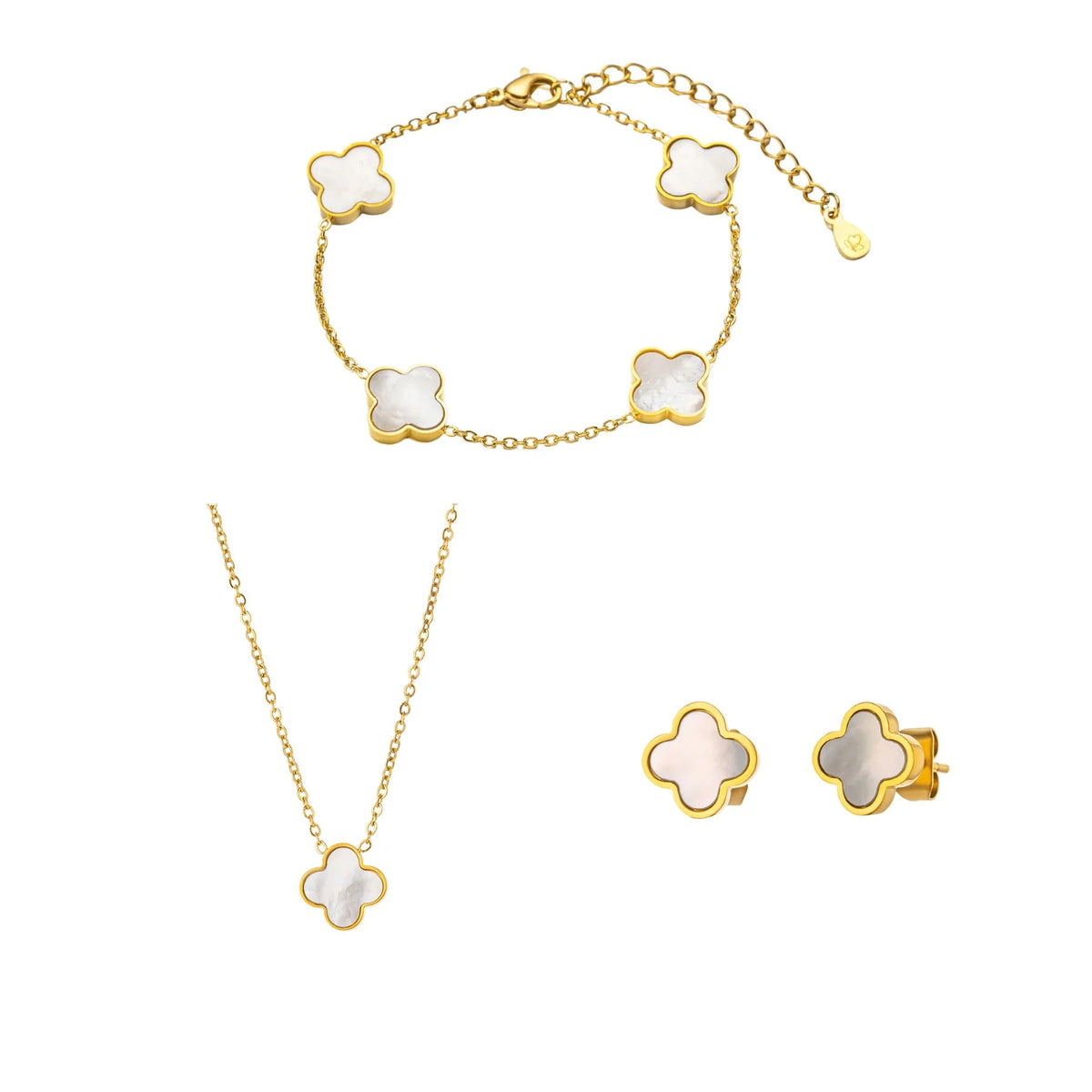 Geschenkset Glück mit Kleeblatt-Armband, -Kette und -Ohrsteckern aus Edelstahl in Goldfarben