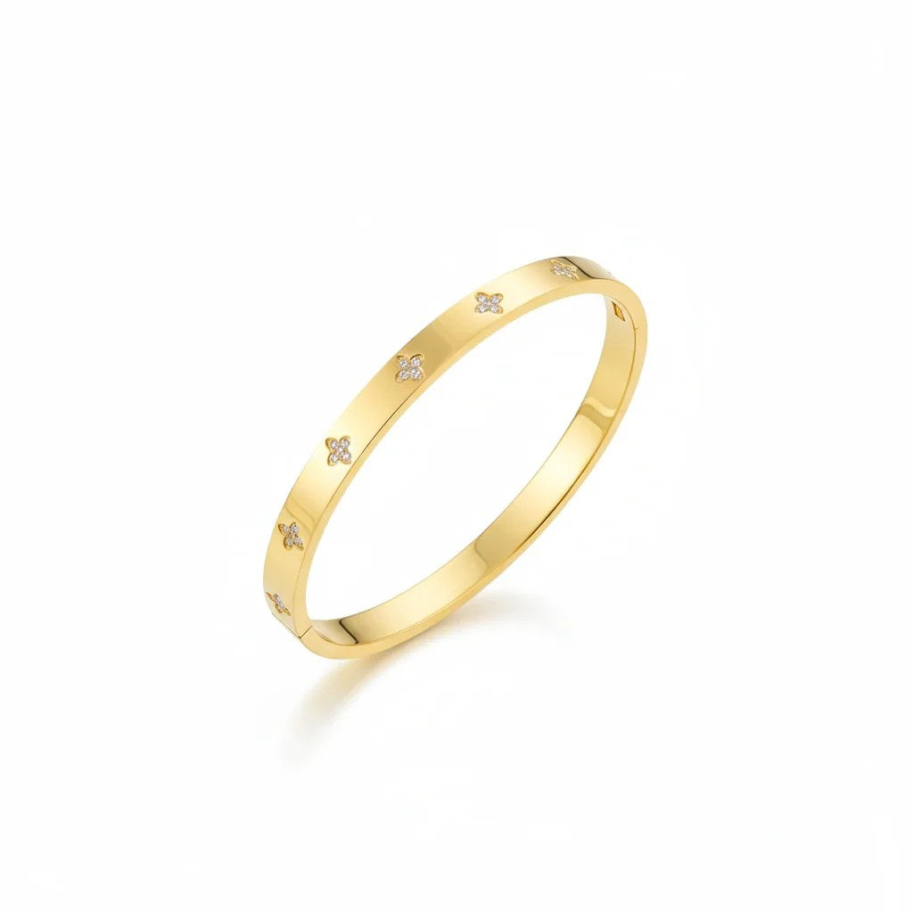 Kleeblatt Arm-Party Set, goldfarbener Armreif aus Edelstahl mit Kleeblatt-Zirkonia
