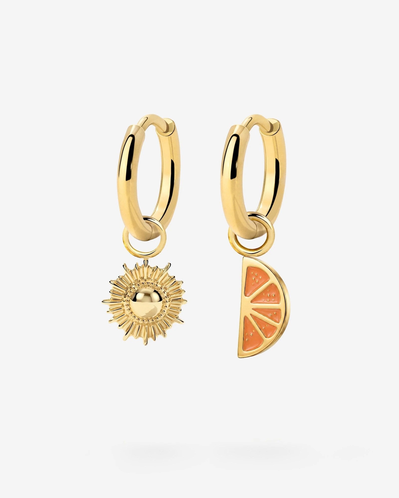 Ohrringe Simple Hoop aus Edelstahl in Goldfarben, Creolen mit Sonnen- und Orangen-Anhänger