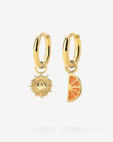 Ohrringe Simple Hoop aus Edelstahl in Goldfarben, Creolen mit Sonnen- und Orangen-Anhänger